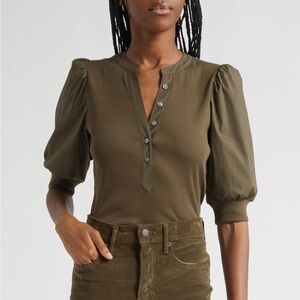 veronica beard coralee puff sleeve mixed media henley top